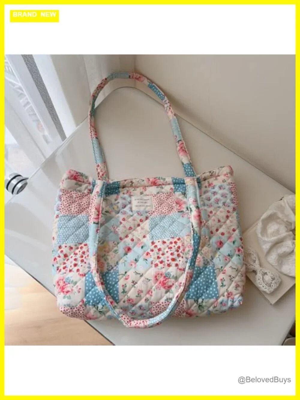 Floral Quilted Cotton Shoulder Bag Medium Tote for Women Daily Use